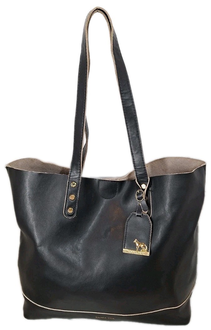 EMMA FOX 100% Leather Weekender Tote Double Handle HandBag Black Gold Hardware