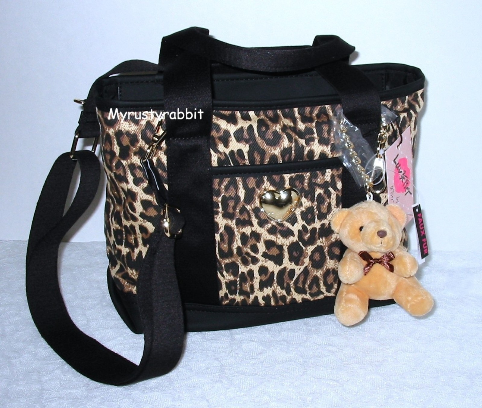 Betsey Johnson Leopard Print Crossbody Tote Bag w Teddy Bear Charm Brown & Black