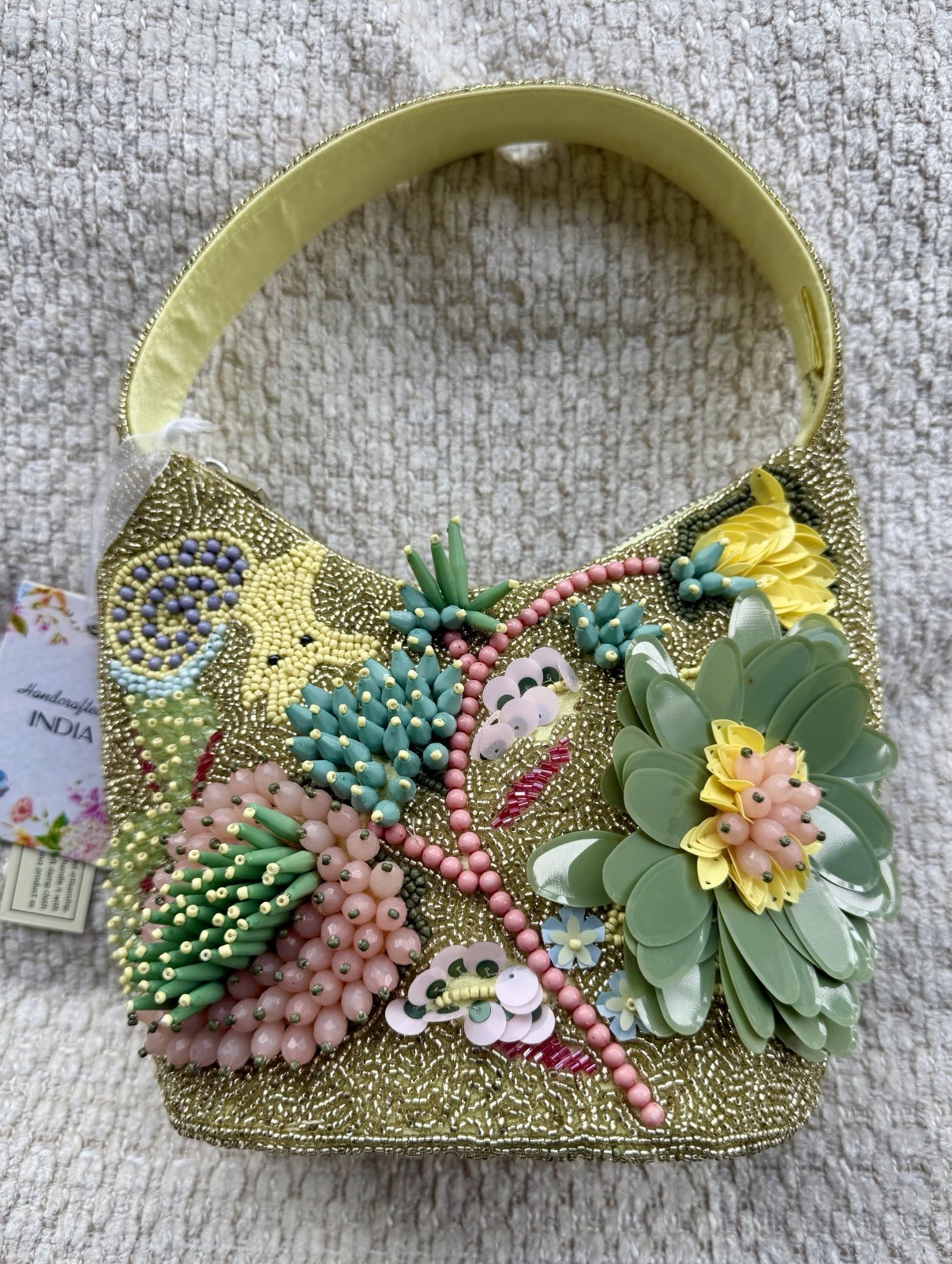 Handcrafted in India Green + Yellow Garden Flowers Beaded Bag Viral TikTok NWT