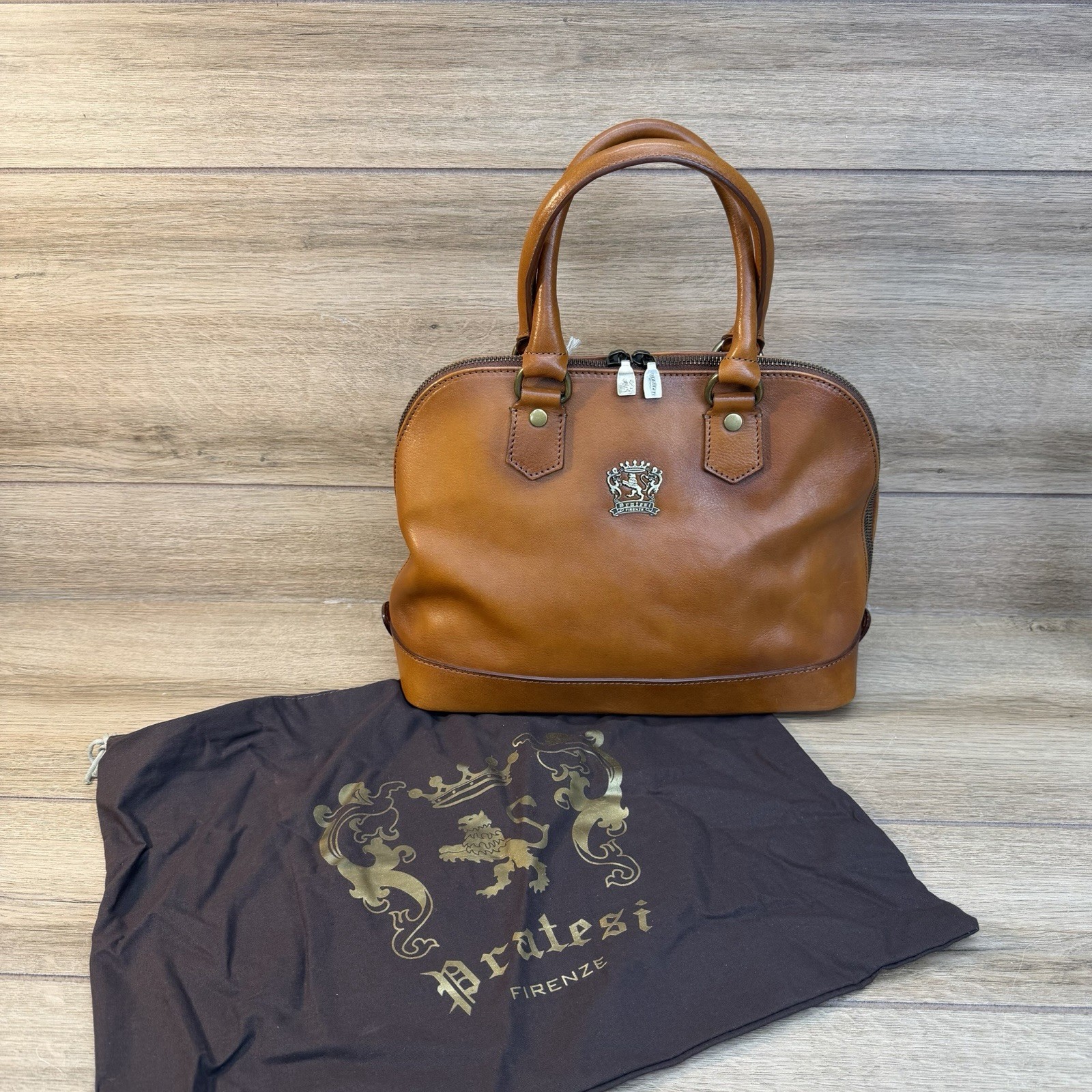 Pratesi Ristonchi Firenze Italian Leather Grab Bag Satchel Cognac Brown