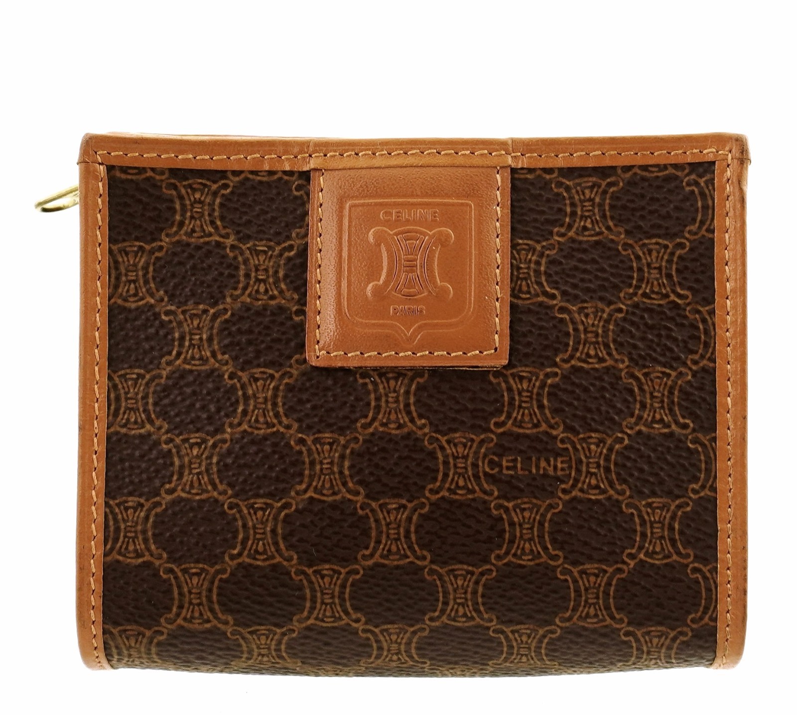 Authentic CELINE Triomphe Macadam Leather 4″ Clutch Cosmetics Travel Bag Italy