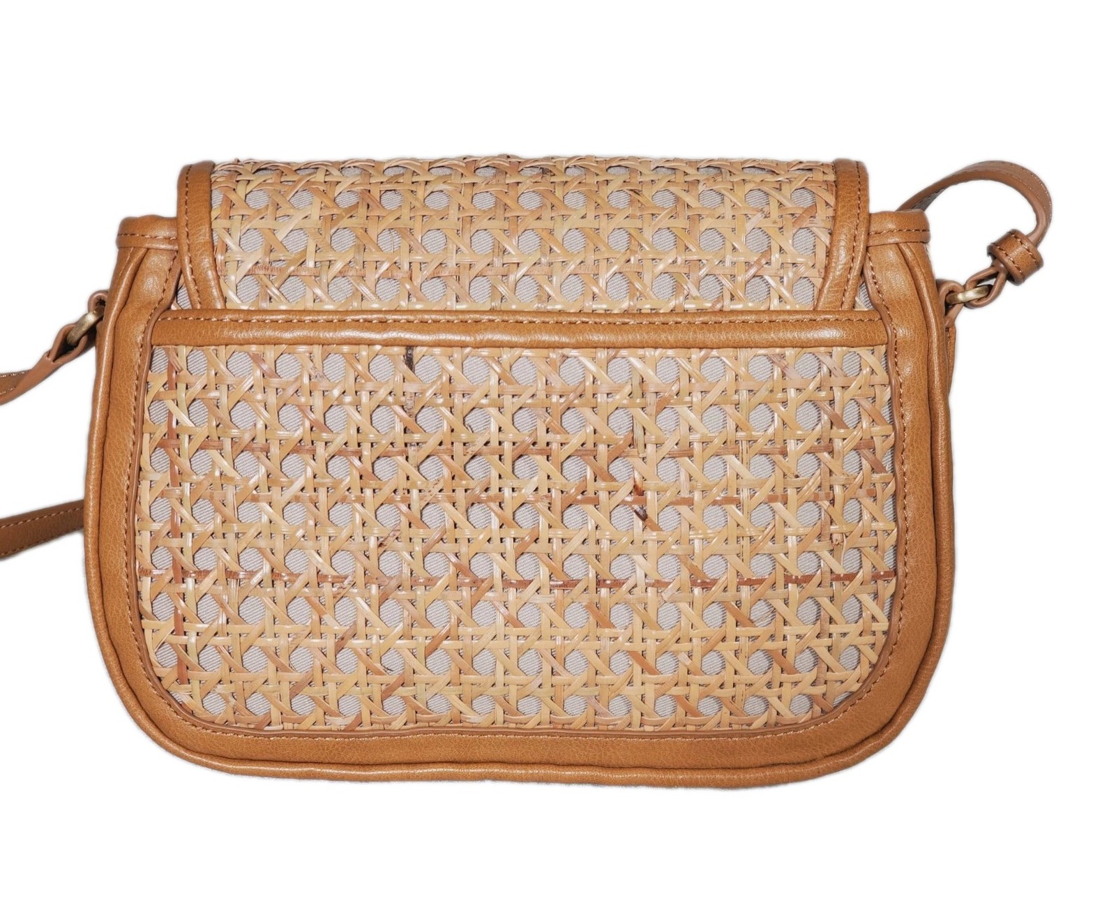 Talbots Rattan Caning Crossbody Bag Lined Bamboo Twist Lock Adjust Leather Strap
