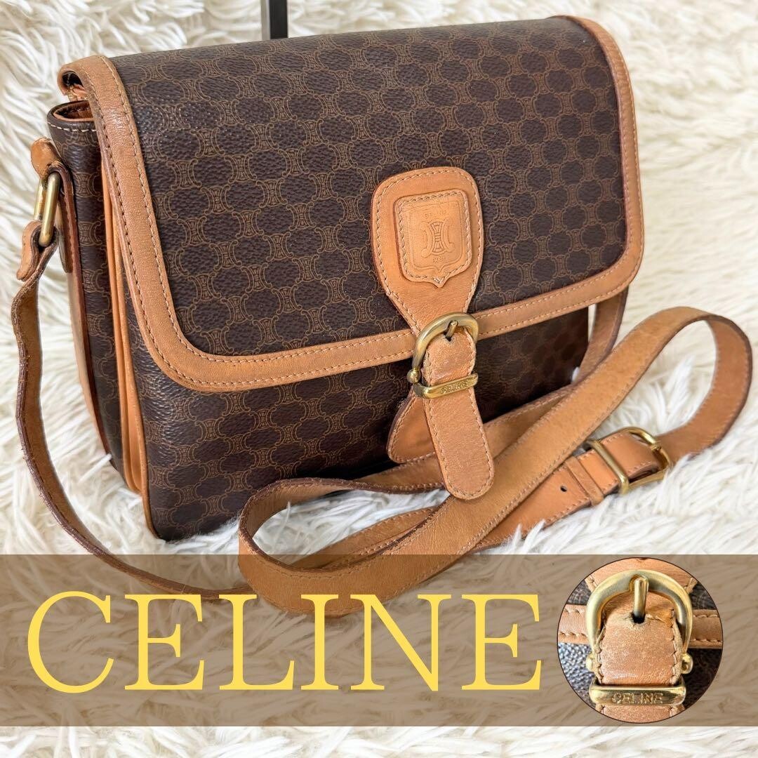 CELINE Triomphe Macadam PVC Leather Shoulder Bag Brown Gold Auth