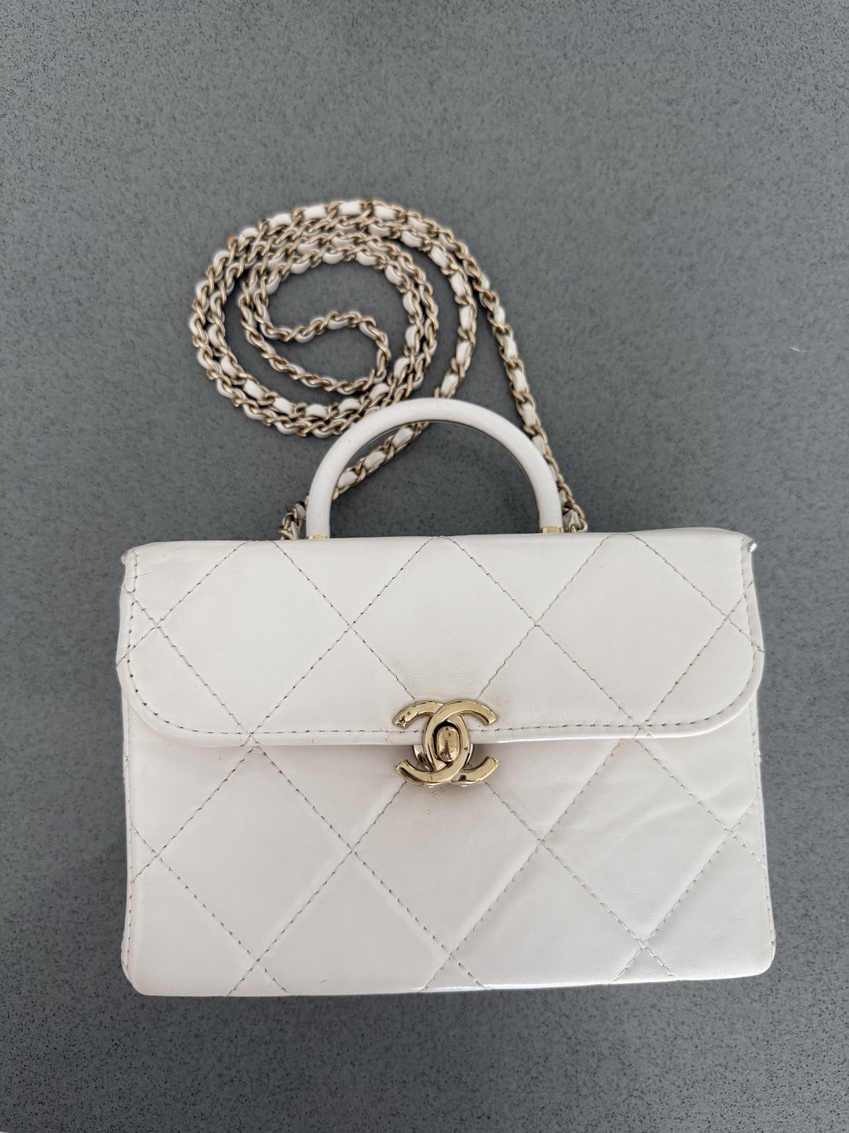 Chanel Quilted CC Handle Vanity Small White Calfskin Leather Top Handle Bag