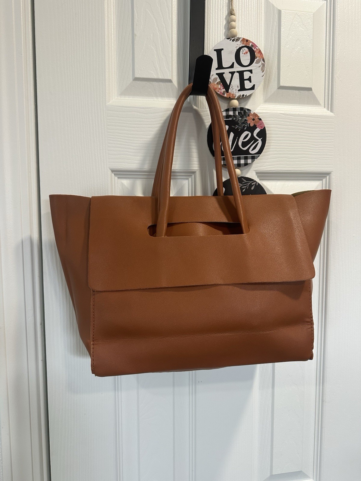 Brown Large Tote Bag Flap Closure Double Handles Matte Finish for Women
