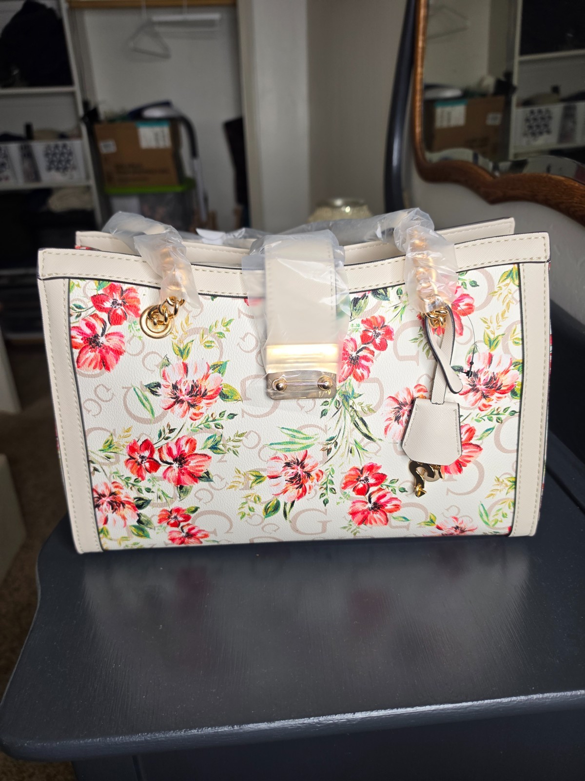 GUESS Floral Satchel Tote White Pink Flowers Crossbody Purse Gold Hardware NWT