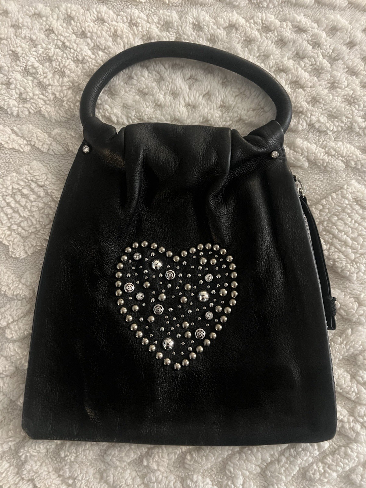 Brighton Black Supple Soft leather Handbag Heart Studded Cheetah Interior
