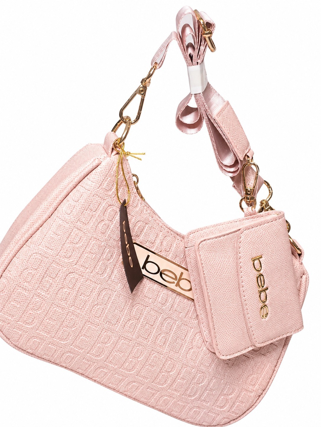 Bebe Powder Pink Embossed Shoulder Bag Purse Wallet Set NWT Crossbody Handbag