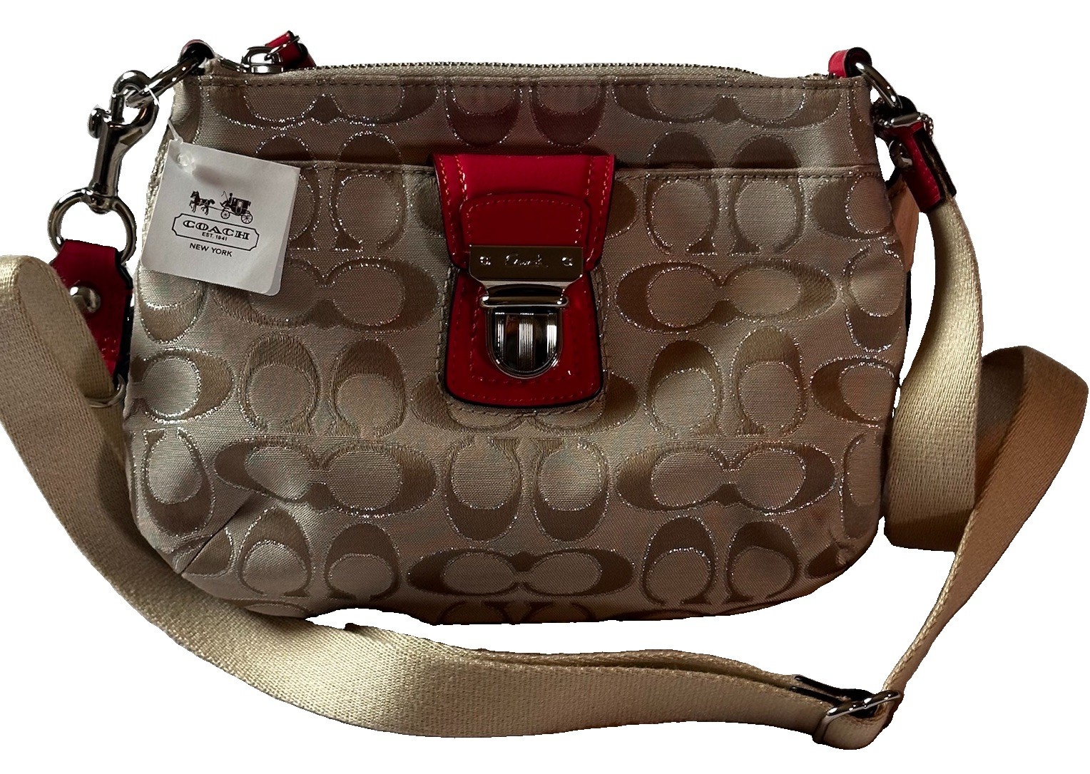 Coach Signature Swingpack Crossbody Bag Small Khaki Pink Strap