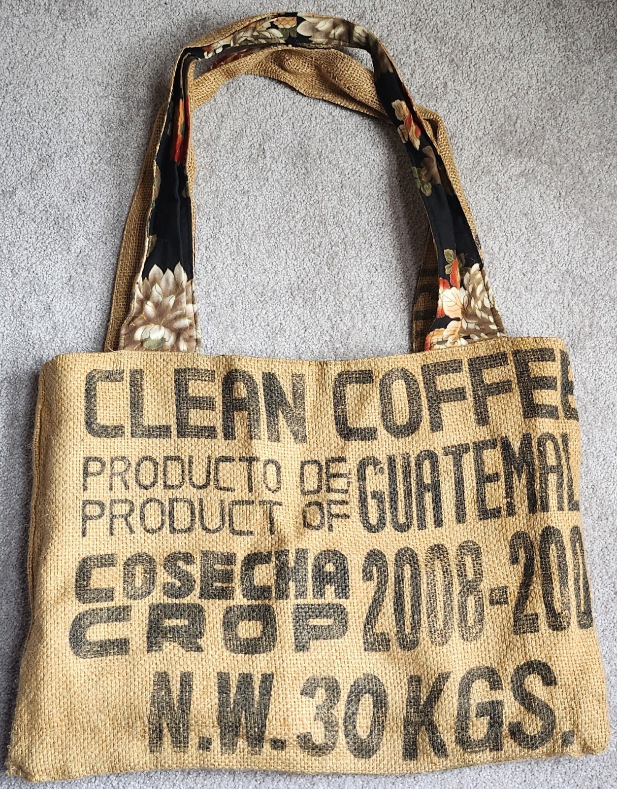 Unbranded – Handmade Reversible Coffee Bean Hessian / Floral Fabric Tote Bag