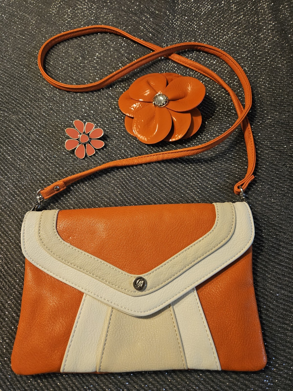 Grace Adele Orange Crossbody Clutch Bag Detachable Strap w Two Flower Clips