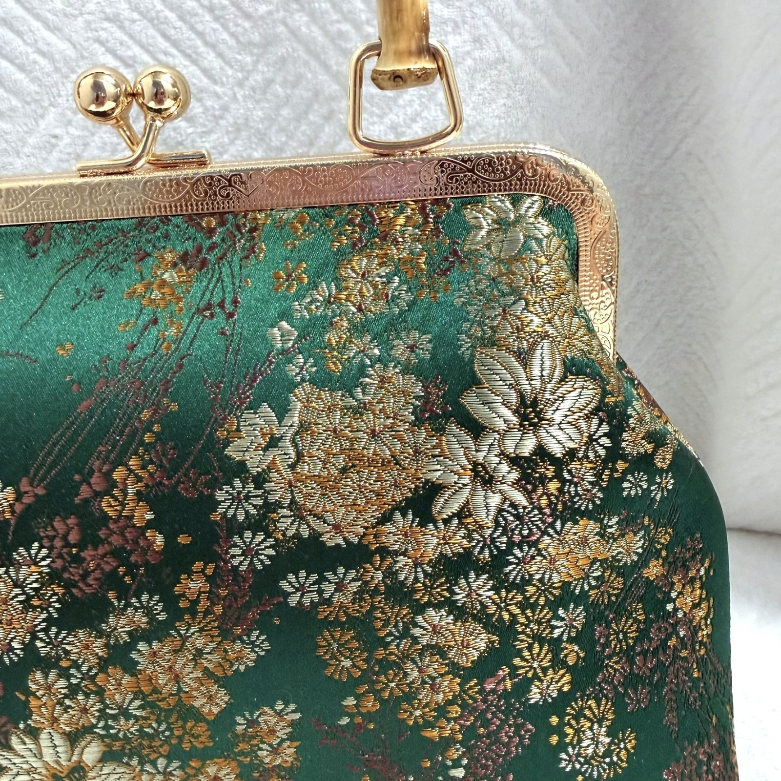 Oriental Floral Embroidered Handbag Green Bamboo Handle Evening Bag