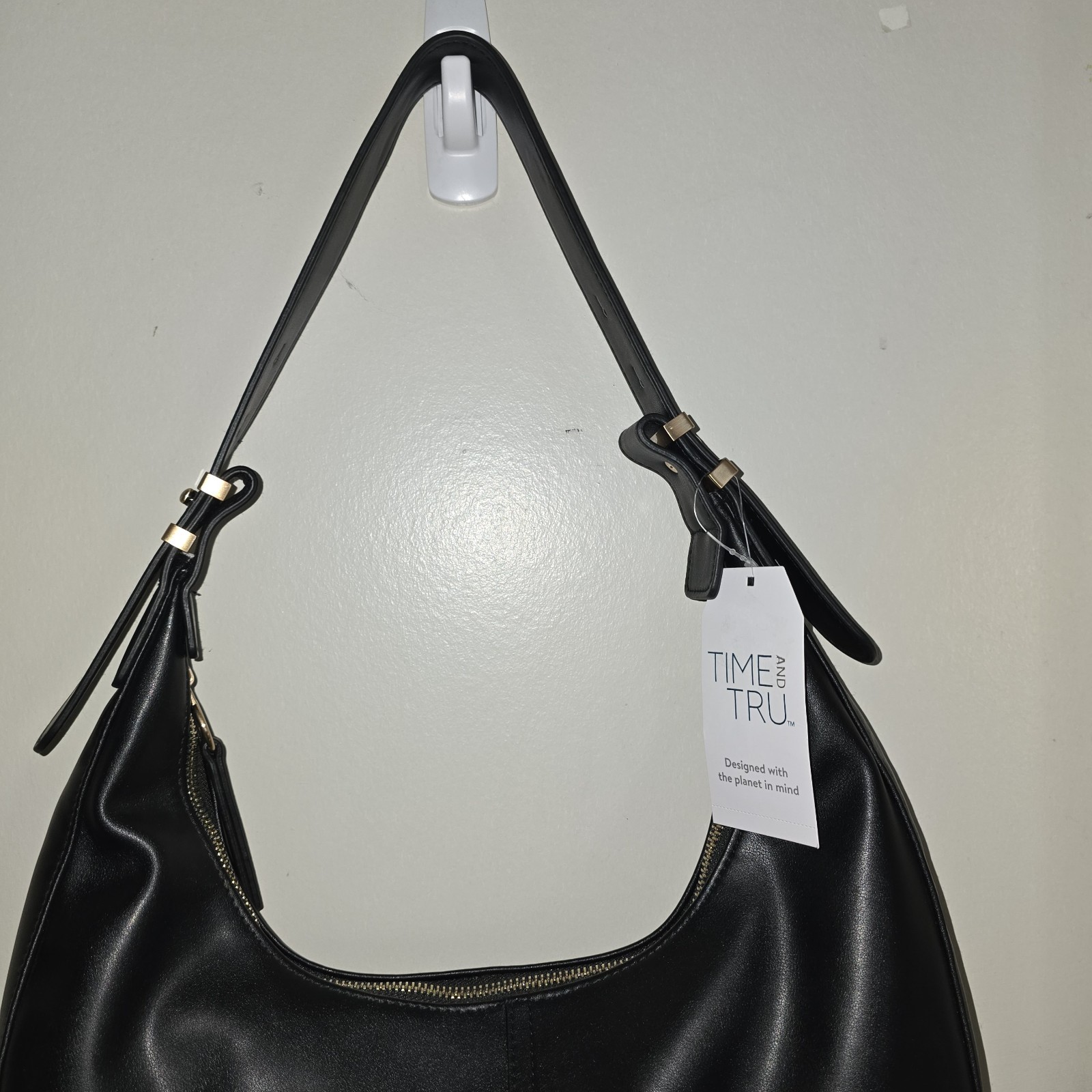Time And True Black Hobo Shoulder Bag-Leather Look – Made W/Recycled Fibers -New