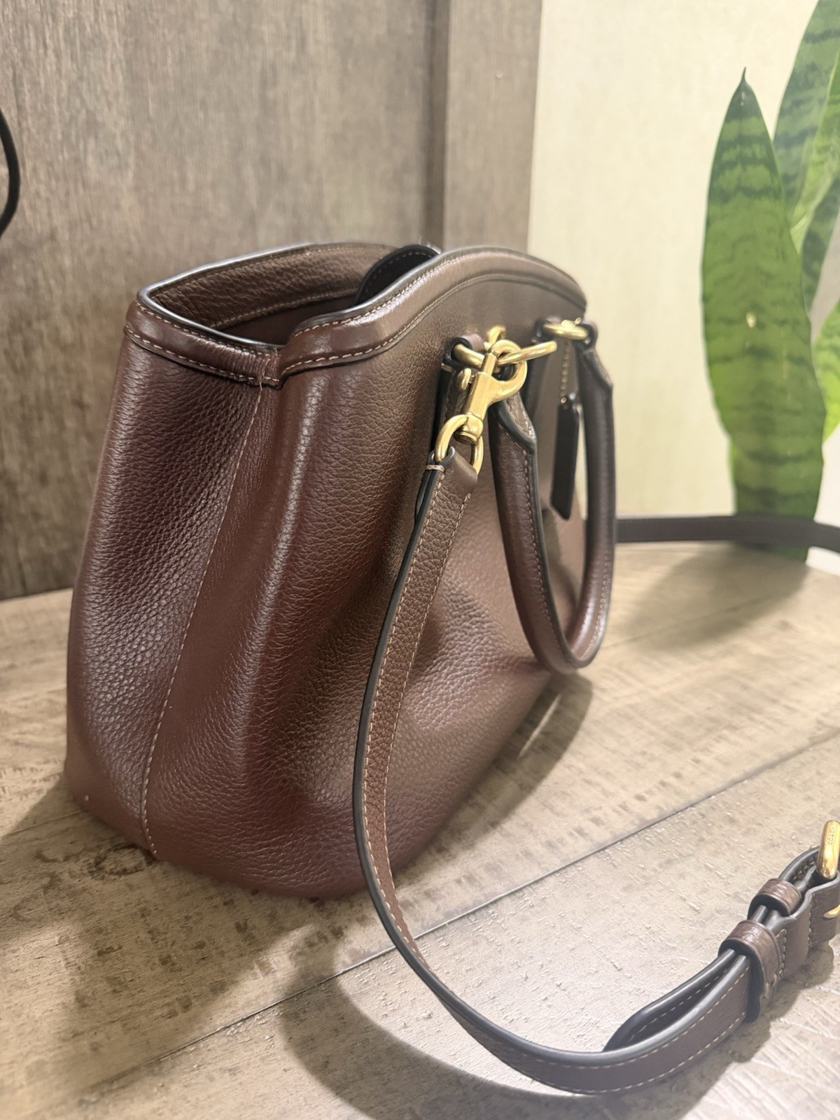 Coach Brown Pebbled Medium Satchel Top Handle Zip Detachable Strap Gold HW
