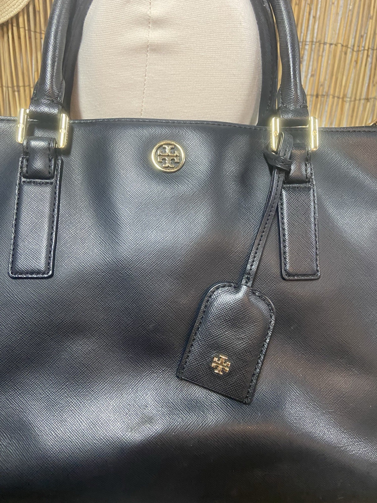 Tory Burch black saffiano leather tote bag large satchel gold hardware