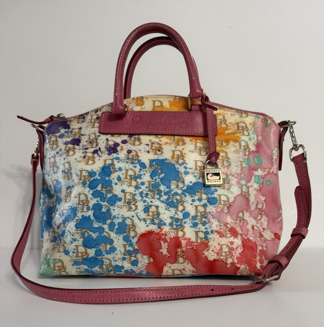 Dooney & Bourke Medium Paint splatter Pink handles Satchel Zip w/ Detach. Strap