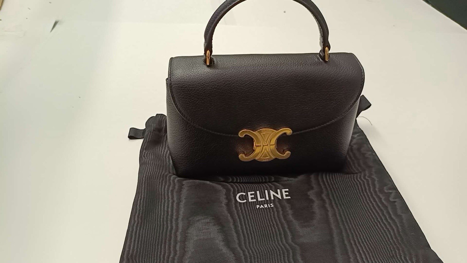 CELINE Triomphe Black Small Top Handle Bag Gold Hardware Shoulder Strap Dust Bag