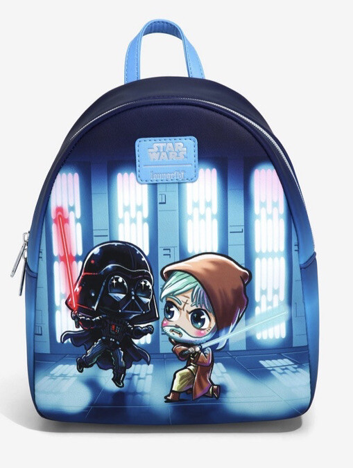 LOUNGEFLY STAR WARS OBI-WAN VS DARTH VADER Laser MINI BACKPACK & CARDHOLDER NWT