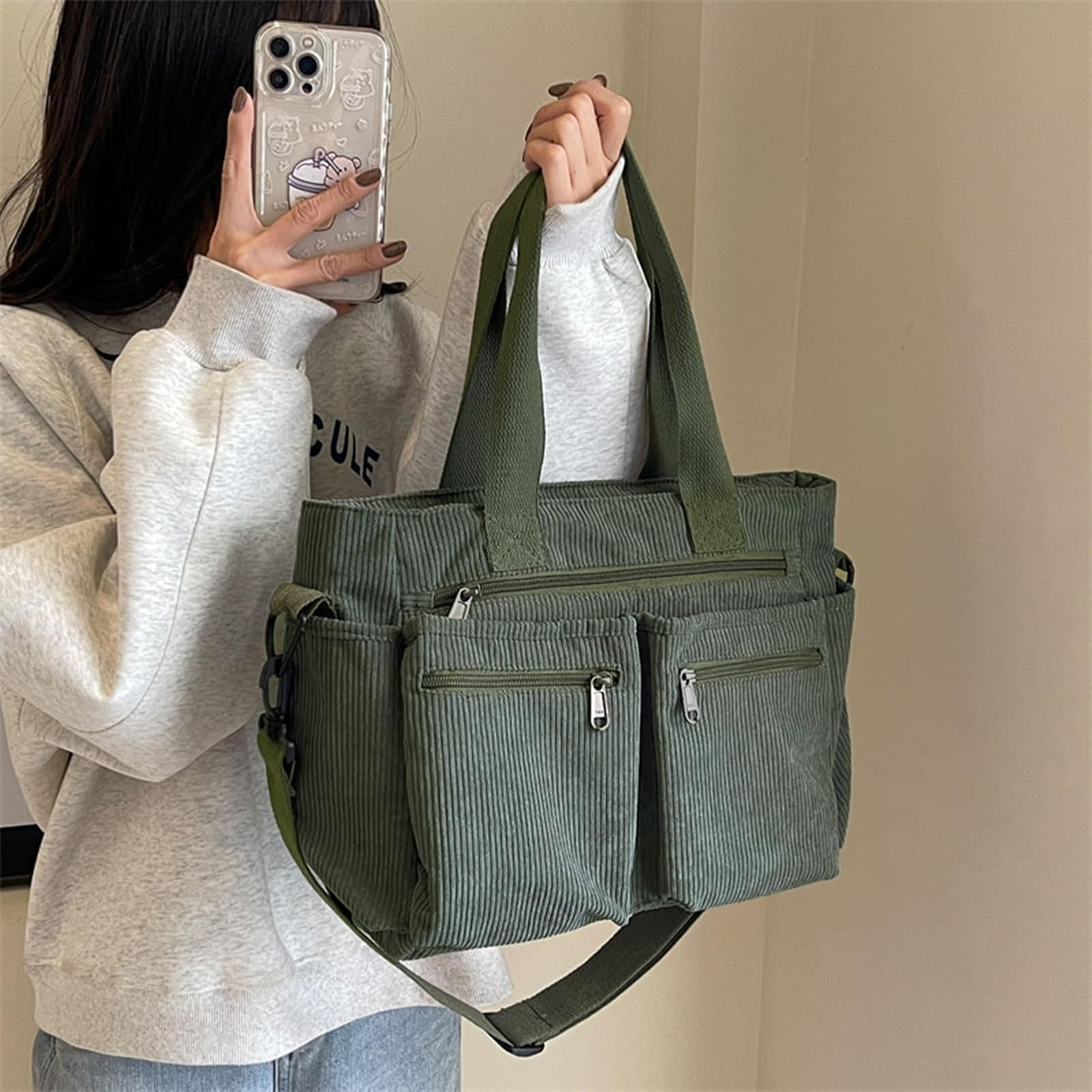 Motesun Corduroy Tote Bag Women Large Shoulder Messenger 10 Pockets