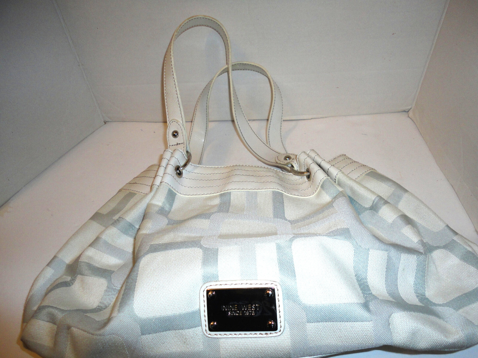 Nine West Large Purse Handbag~Double Handles~Ecru Fabric & Faux Leather