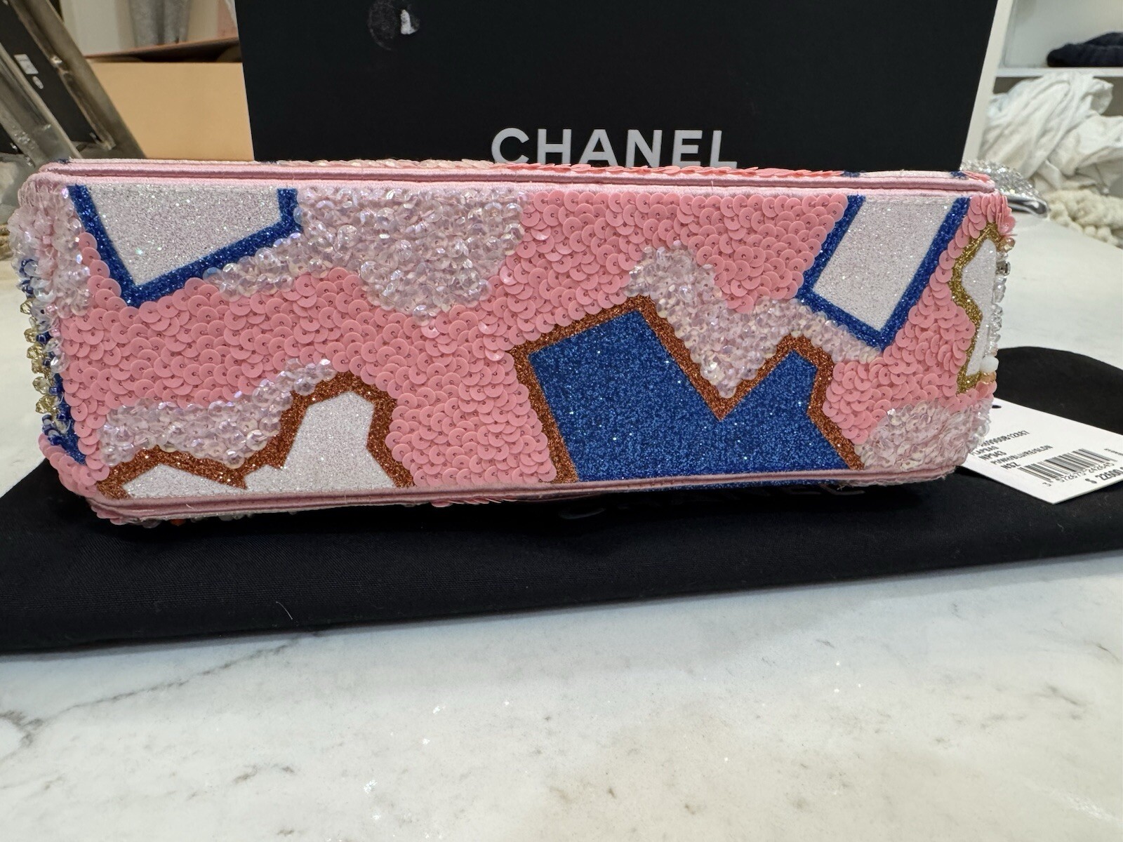 Chanel Pink / Blue Sequence And Bead Small Flap Bag Spring 23A Limited Edition