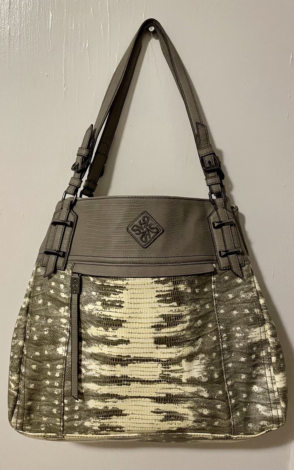 Vera Wang Reptile Embossed Shoulder Bag Neutral Snake Print Handbag Taupe Cream