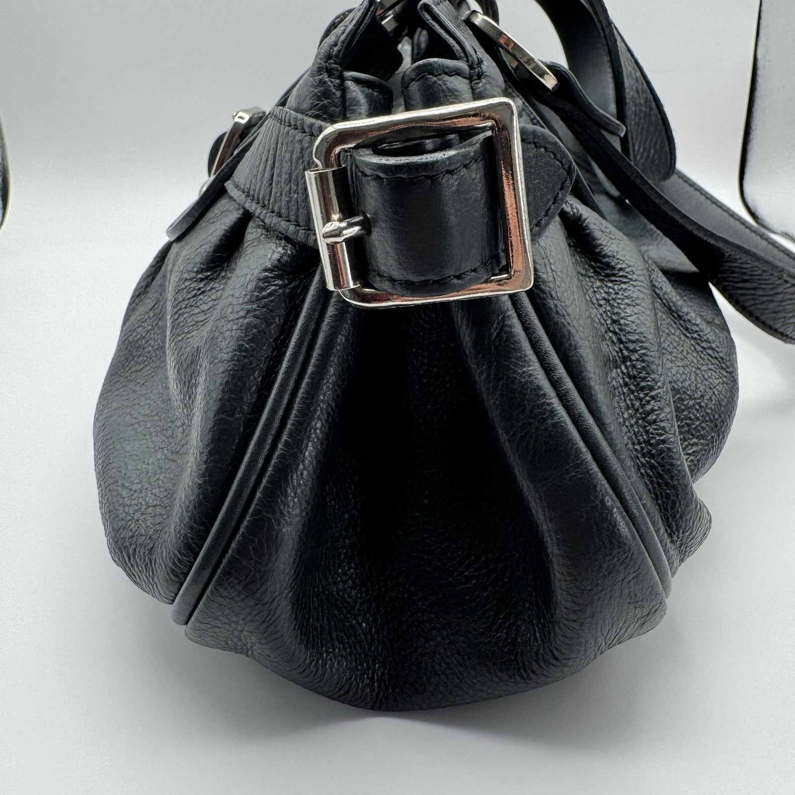 VTG Longchamp Idole Black Grained Leather Satchel Bag Studded Buckle Flap France