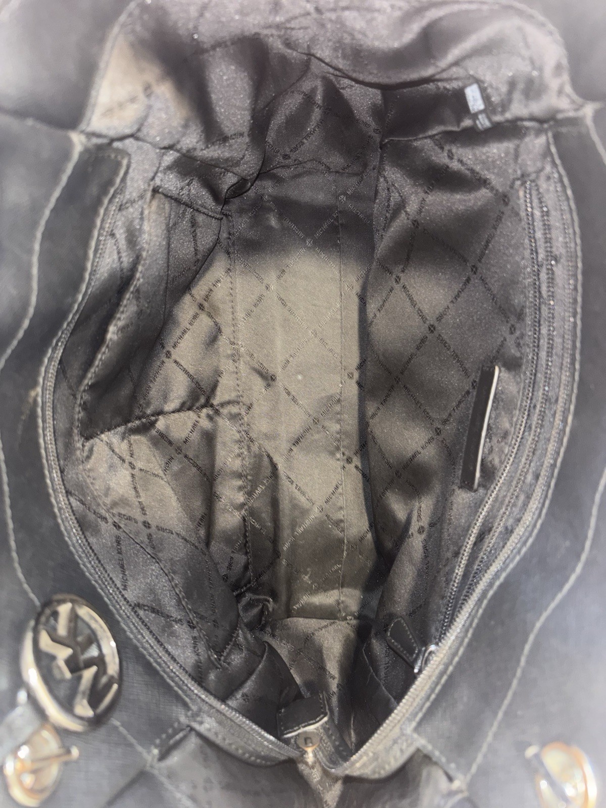 Michael Kors Black Logo Tote Zip Top, Chain Accents, Silver Hardware, MK Charm