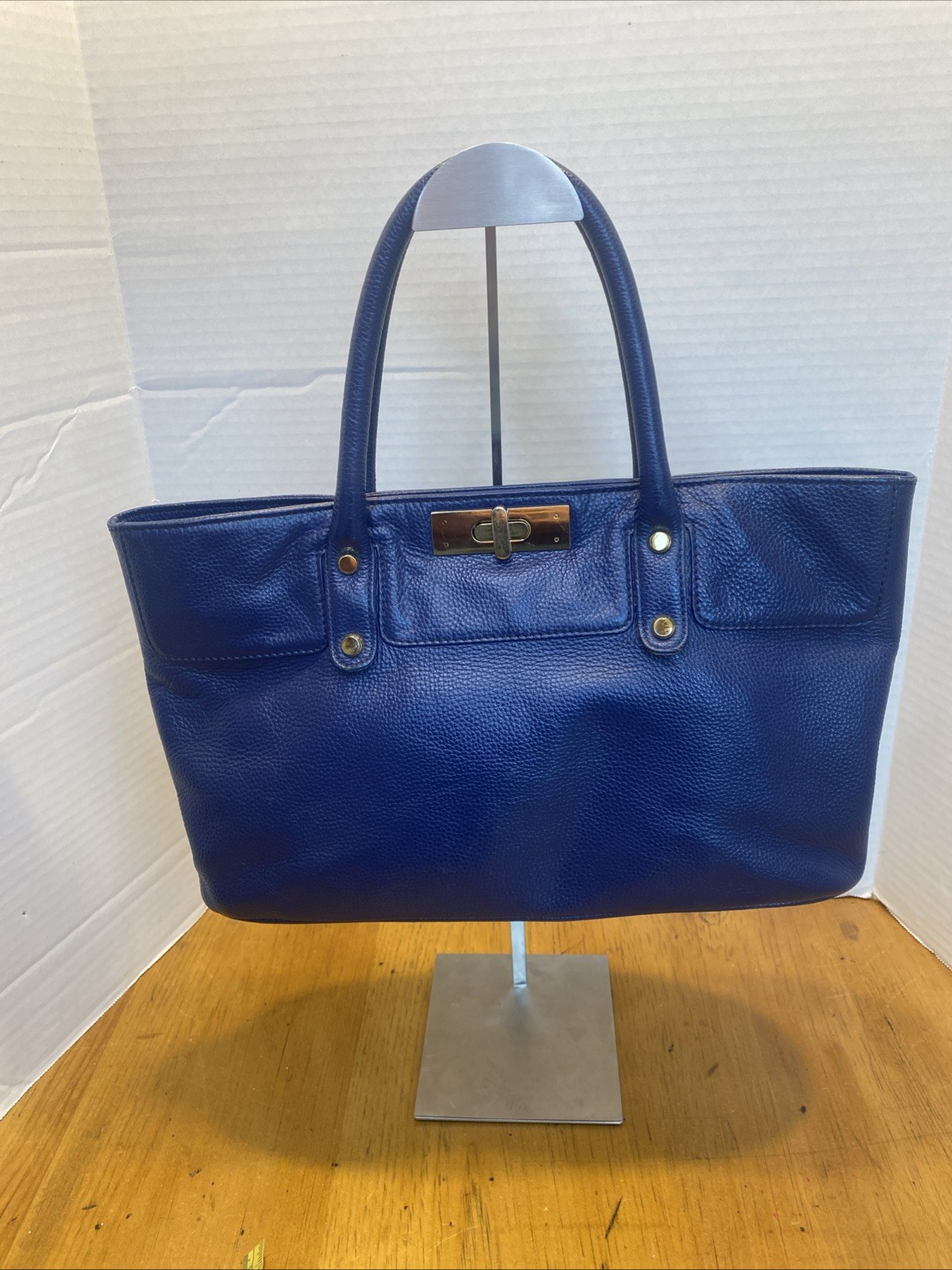 ONNA EHRLICH Blue Pebbled Leather Madison Tote Handbag Purse Satchel Turn Lock