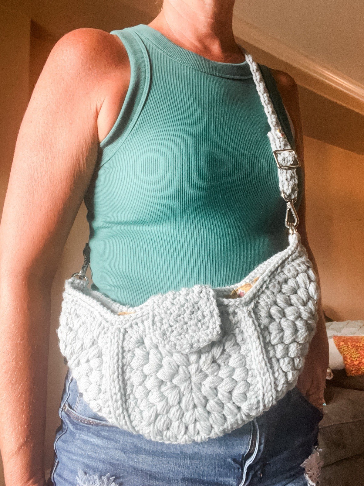 Handmade Crochet Crescent Crossbody Bag Powder Blue Adjustable Strap Snap Close