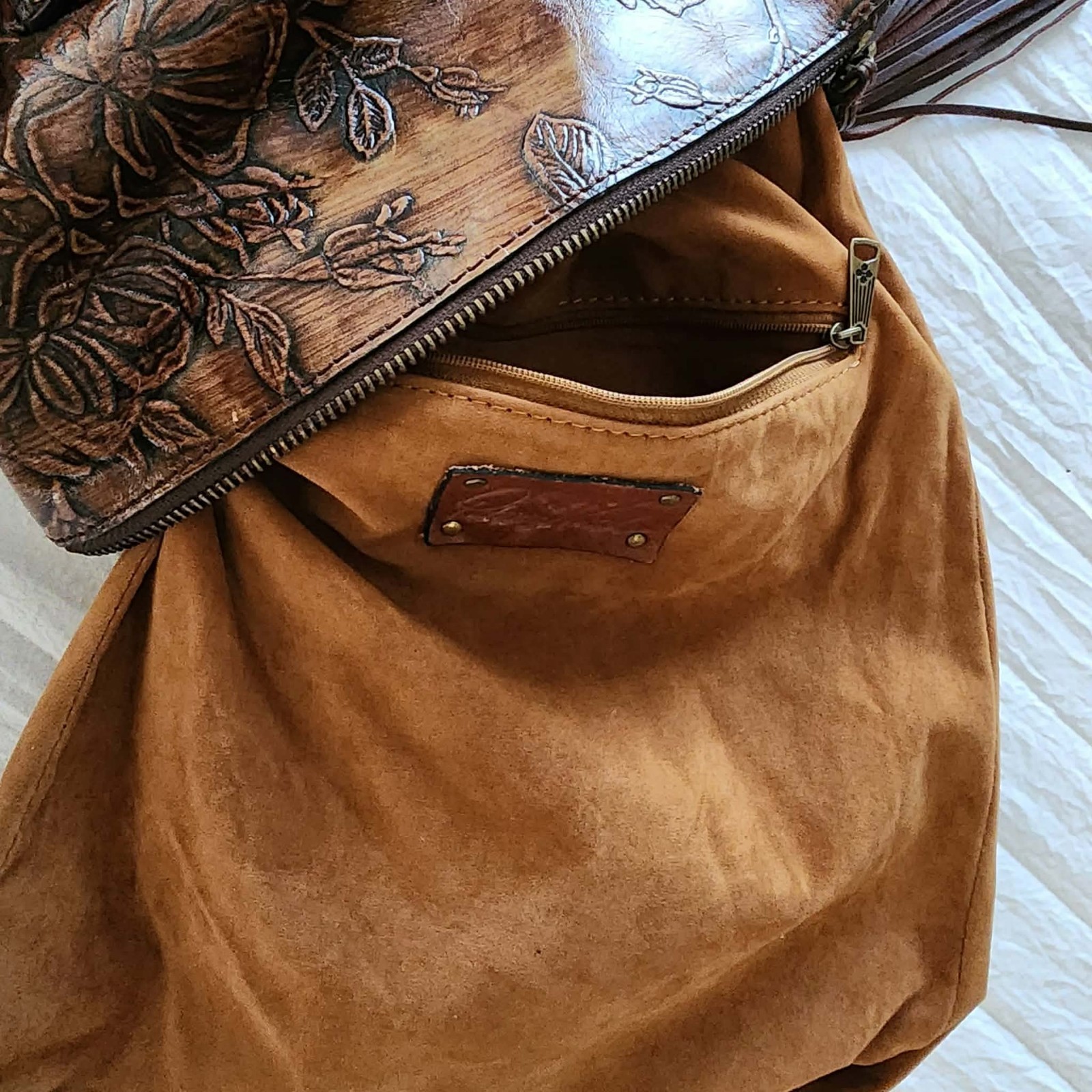 Patricia Nash Luzille Convertible Backpack Floral Embossed Leather Brown Tassel