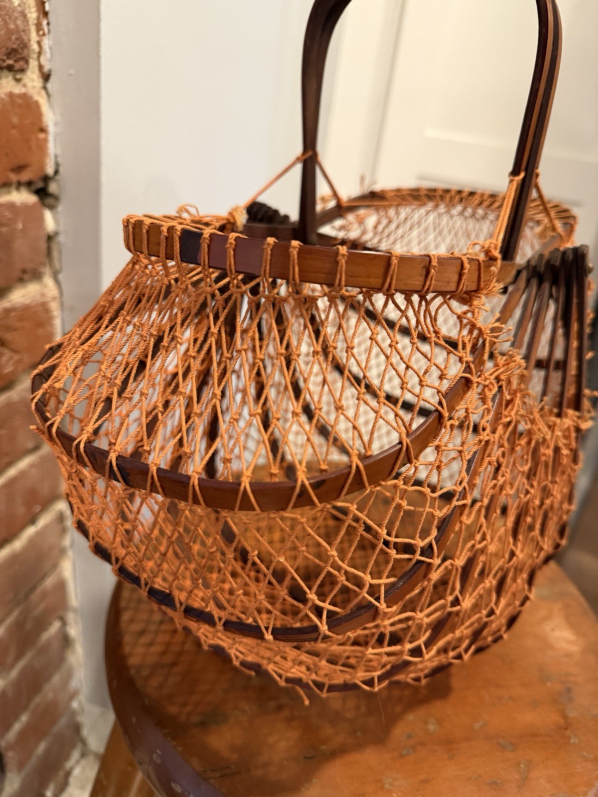 Vtg 1950s Japanese Folding Bamboo Basket Purse Orange Fishnet Collapsible Bag