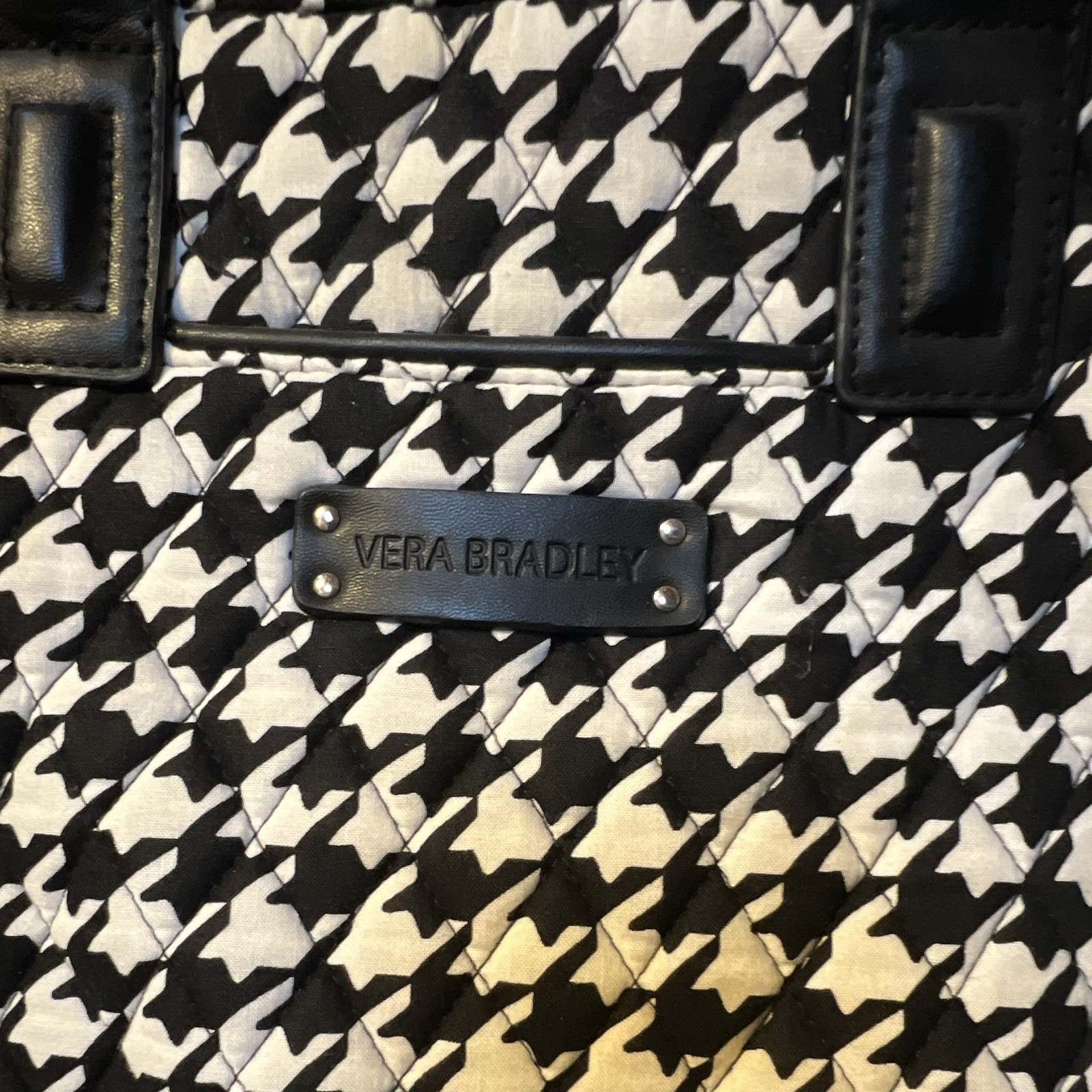Vera Bradley Black White Houndstooth Large Satchel Zip Strap Pockets Silver