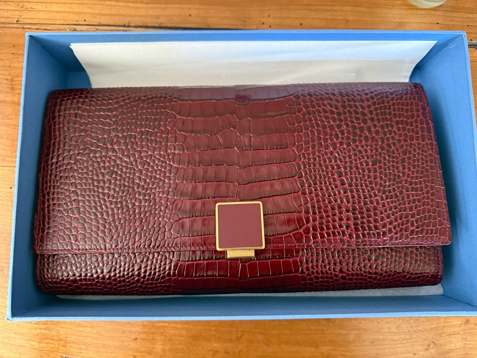 New With Box -Smythson Of Bond Burgundy Croc Embossed Calf Leather Clutch