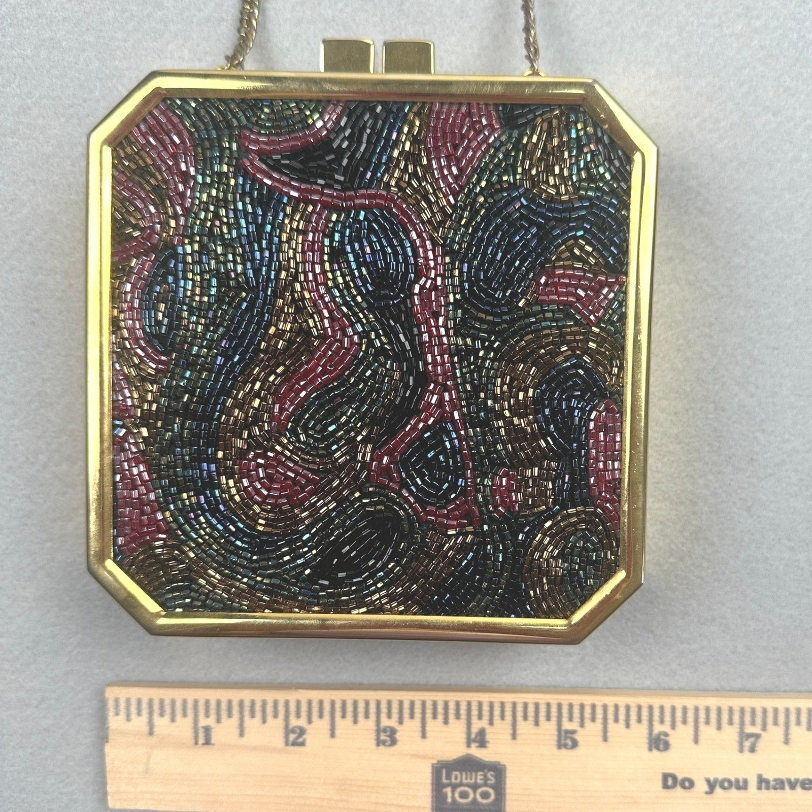 70s Vintage Micro‑Beaded Mosaic Gold‑Tone Evening Boho Clutch Handbag