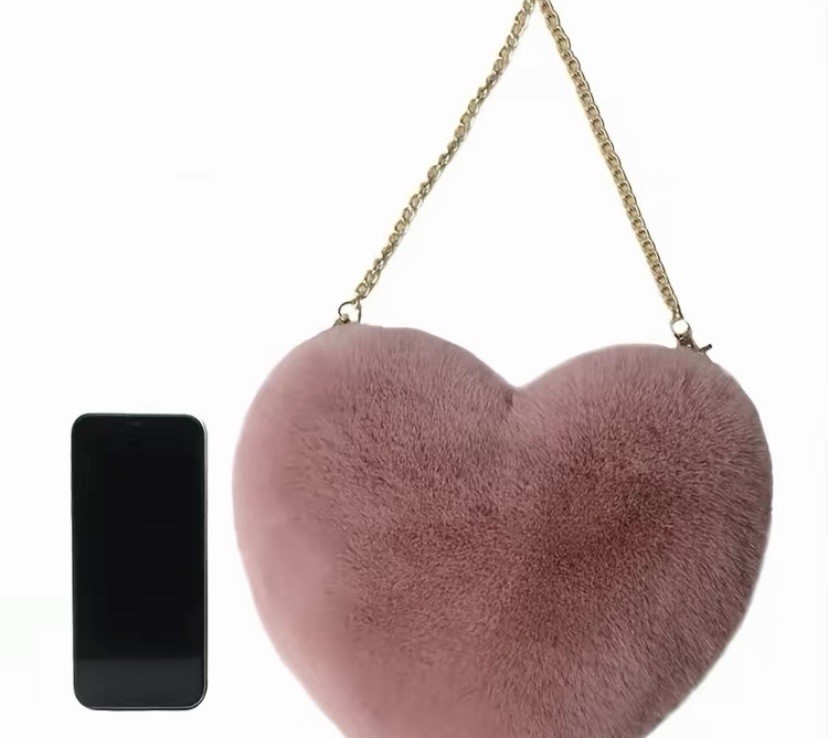 Pink Heart Crossbody Bag Purse Gold Chain Strap Zip Closure Solid Casual