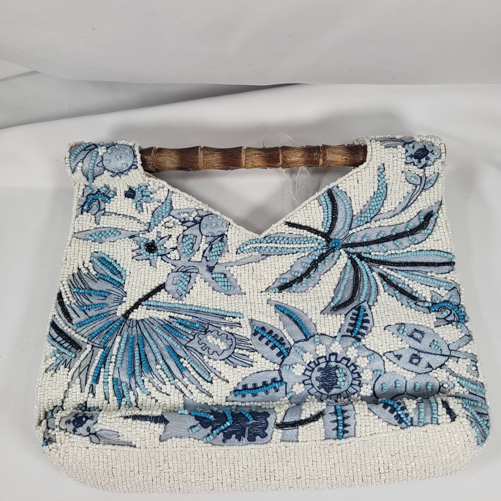 Viral Blue White Floral Beaded Bamboo Handle Bag Clutch From India to You NWT