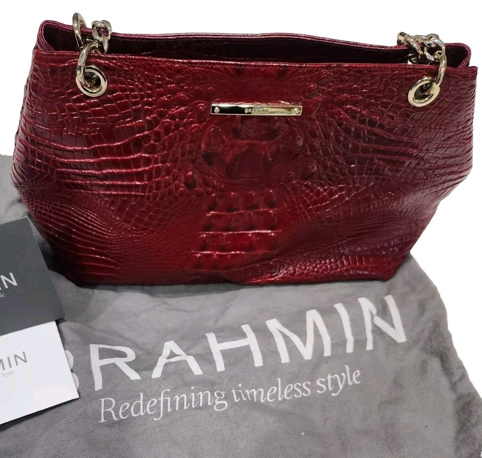 Brahmin Corington Carmine Red Melbourne Tote Leather Chain Strap Purse
