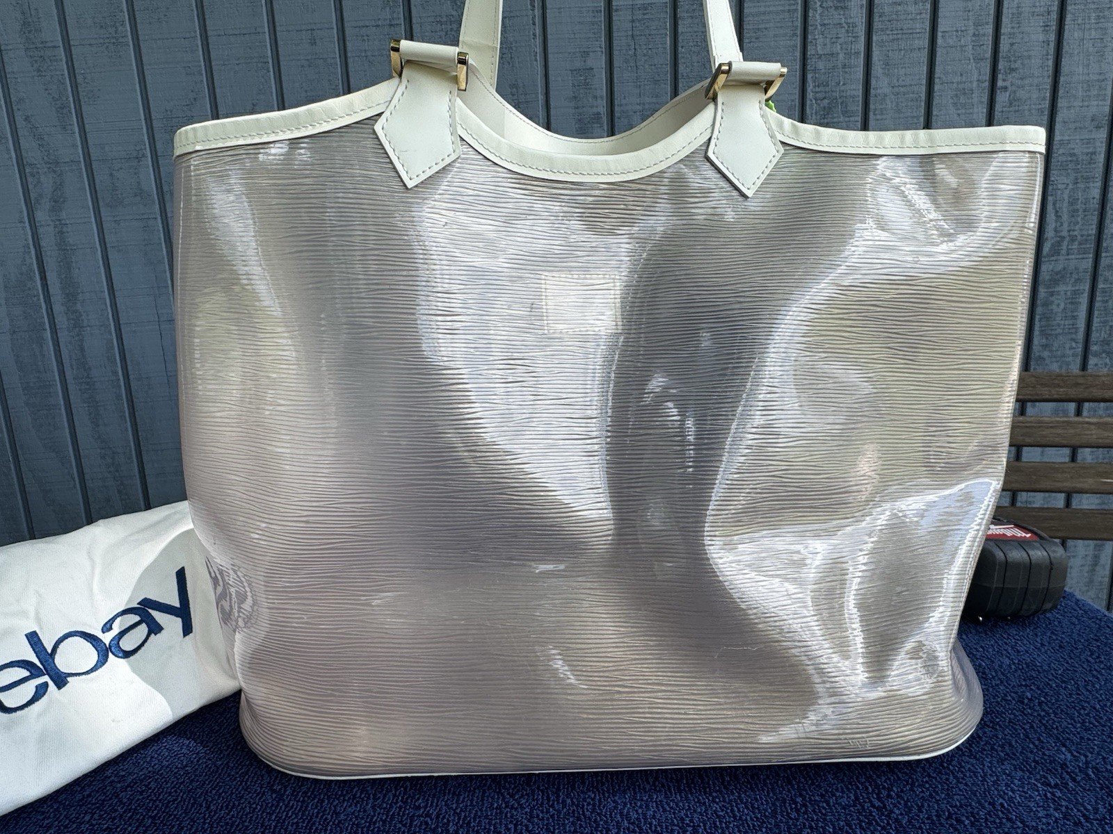 Louis Vuitton Large Clear/White Tote Bag Gold Hardware Double Handles Dust Bag