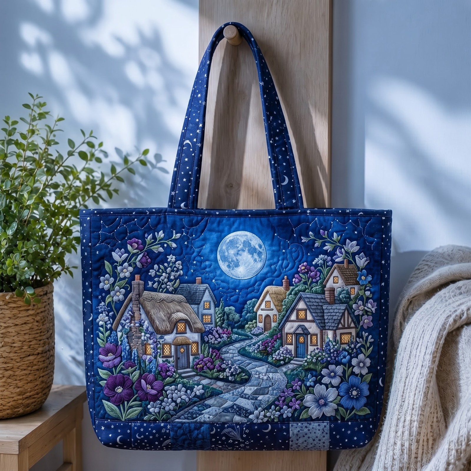 Starry Night Village Quilted Tote Bag Whimsical Moon Floral Patchwork Handbag