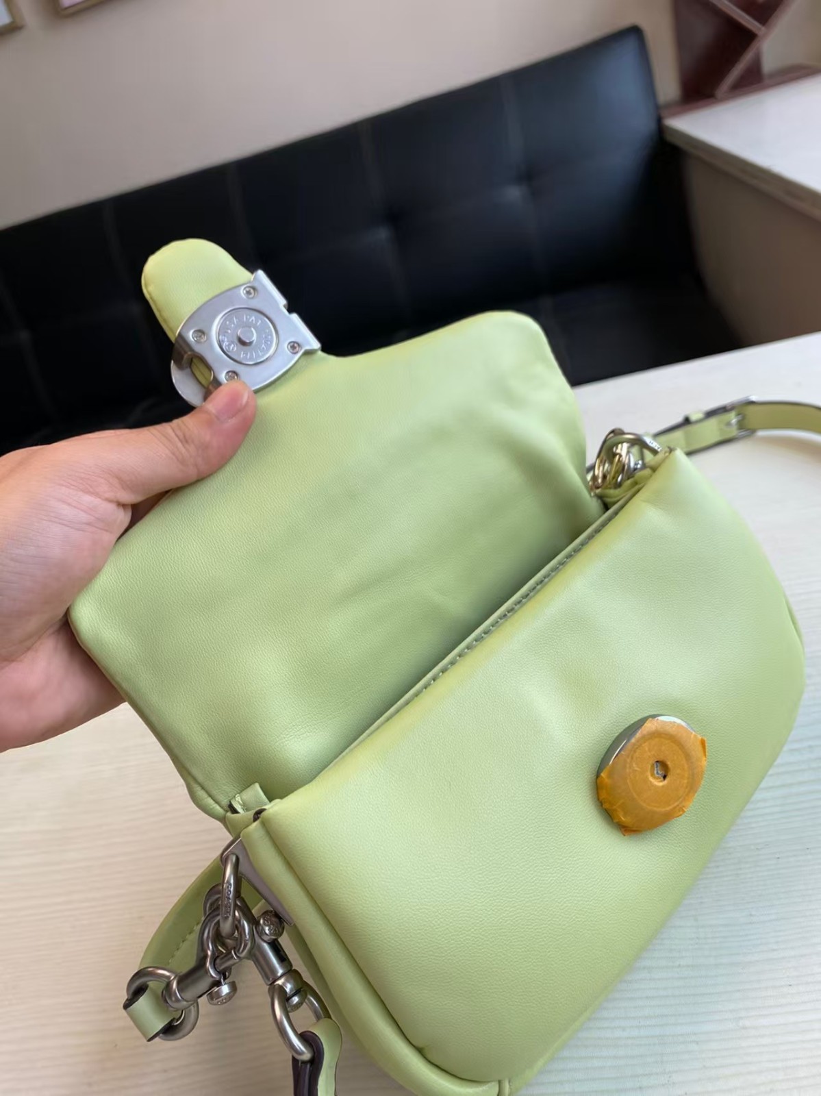 Coach Pillow Tabby 18 Soft Leather Crossbody Bag in Light Lime Green C3880