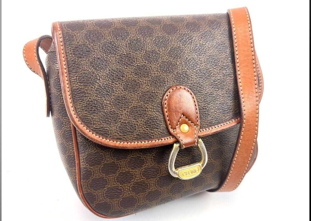 Celine Macadam Brown PVC Leather Shoulder Bag Gold Buckle Women 16cm 6.3in