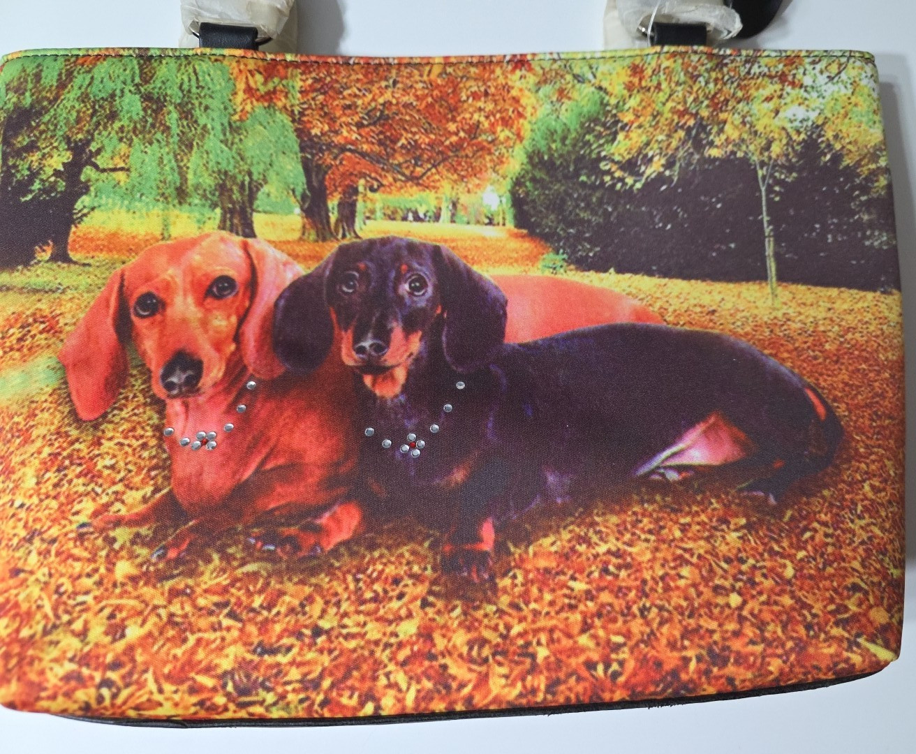 Unbranded Dachshund Dog Double Handle Shoulder Bag Rhinestones Zips Nature Scene