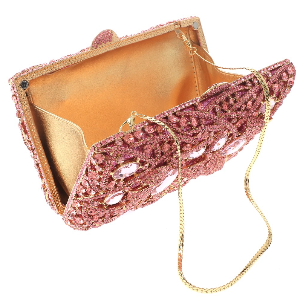 Gold Tone Alloy Metal Crystal Rhinestone Clutch Evening Bag HB6249-PNK