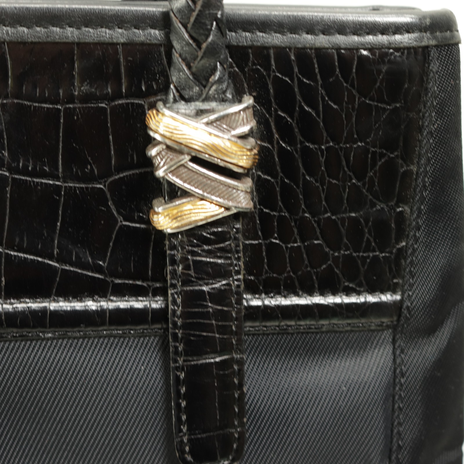 Vtg Brighton Shoulder Handbag Black Nylon Canvas Brown Croc Leather Braid Straps