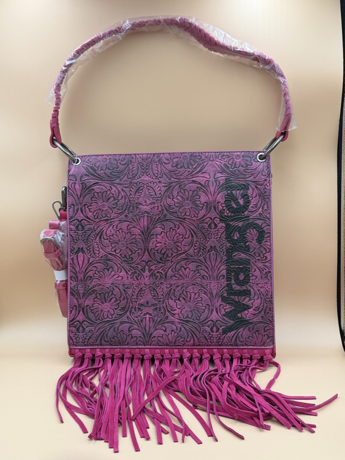Wrangler Large Pink Tooled Fringe Tote Purse NWOT Western Bag