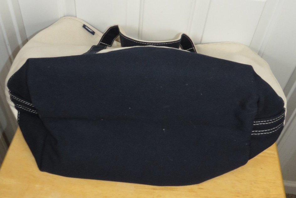 LANDS END Canvas Boat Tote Bag XL Open Top 21”x16”x9” Natural/Navy Logo*