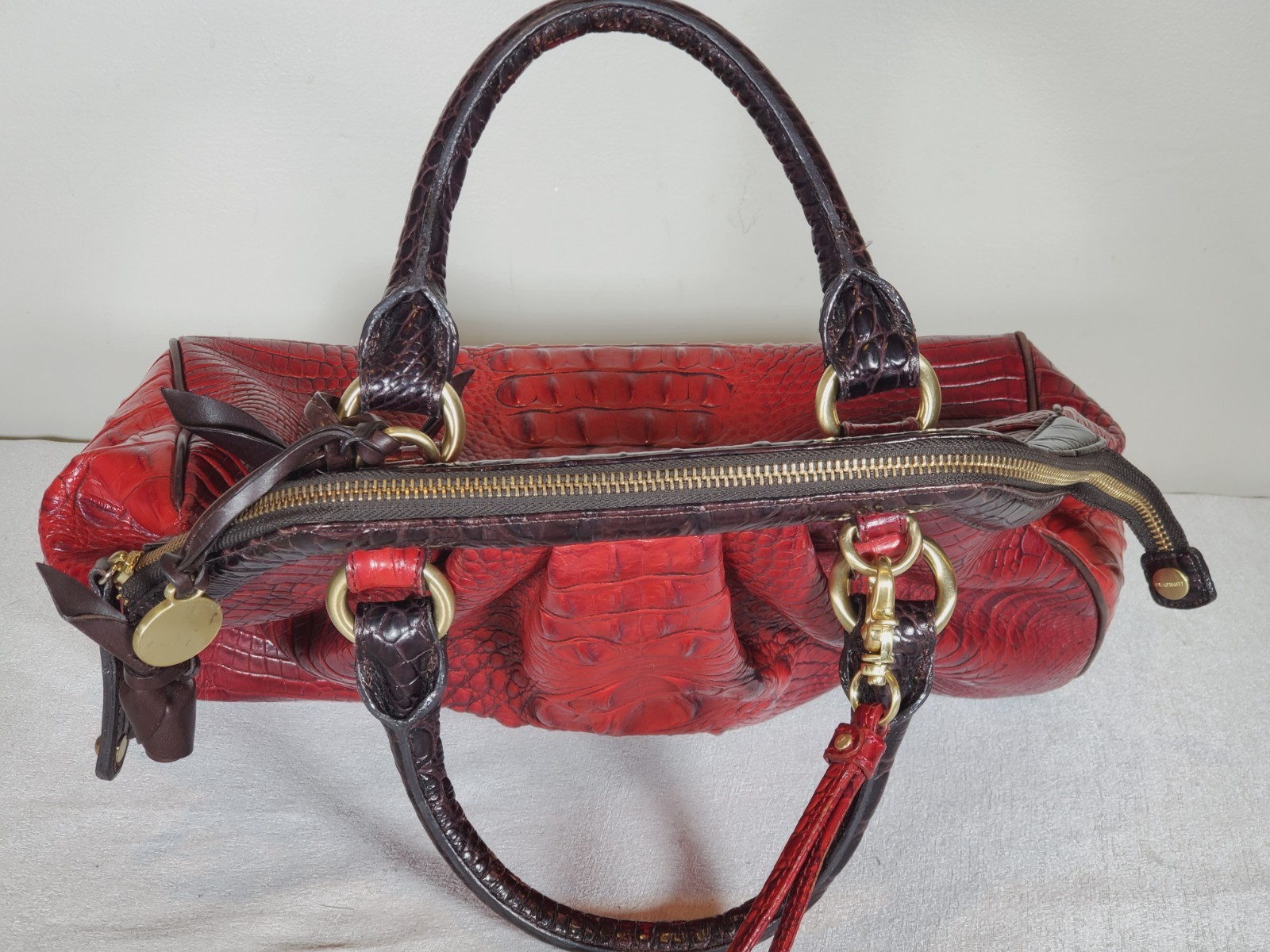 VTG Brahmin Sara Rose Ruby Red & Cocoa Brown Melbourne Leather Handbag Tasseled