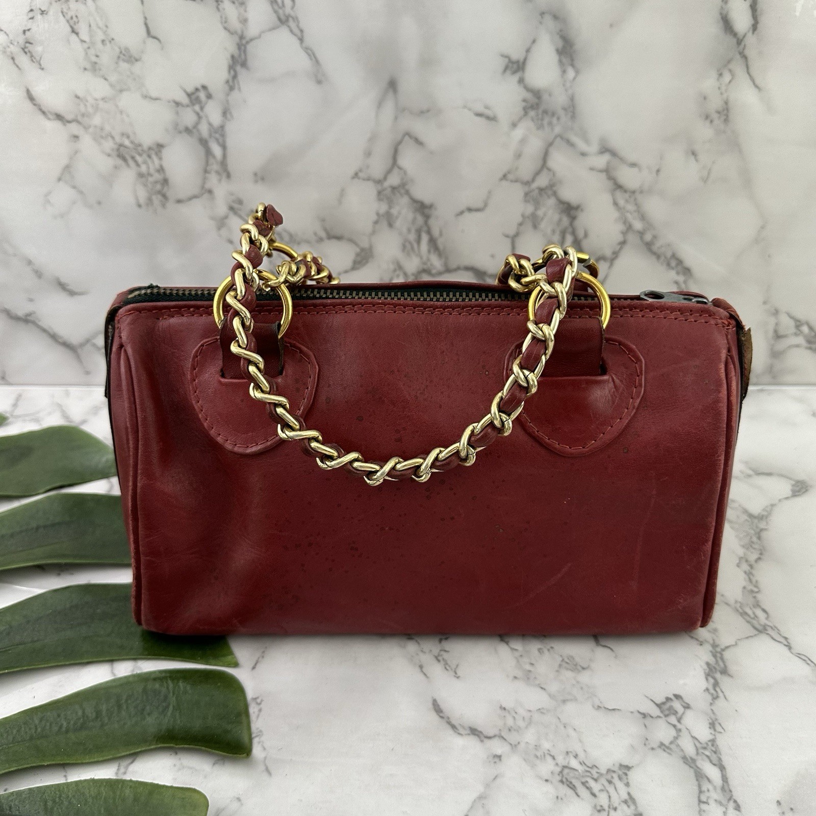 Vintage 70s Top Handle Purse Bag Dark Red Leather Gold Chain Small Square