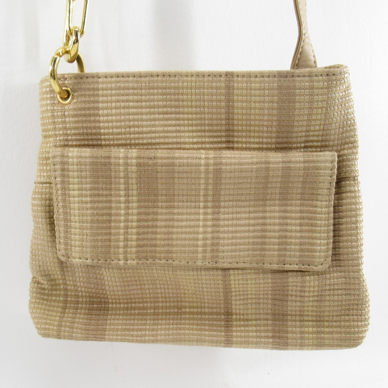 Vtg LJS Collection Handbag Women Tan Striped Cotton Weave Leather Crossbody Bag